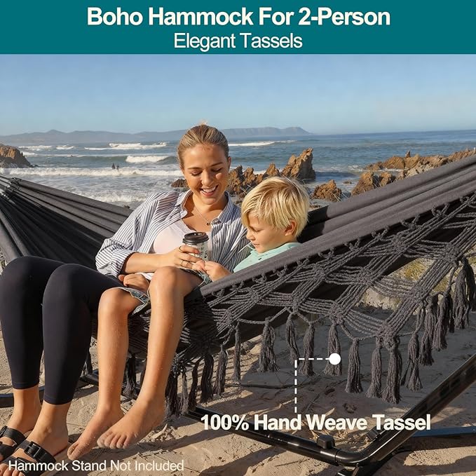JoyView Boho Macrame Double Hammock with Hanging Ropes & Elegant Tassels 86.6x59 Portable Cotton Hammock for Patio Backyard Porch 450LBS Weight Capacity Perfect for Outdoor/Indoor - Dark Grey