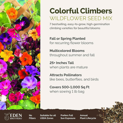 Eden Brothers Colorful Climbers Flower Mixed Seeds for Planting, 1 lb, 480,000+ Seeds with Morning Glory, Sweet Pea | Attracts Pollinators, Plant in Spring or Fall, Zones 3, 4, 5, 6, 7, 8, 9, 10