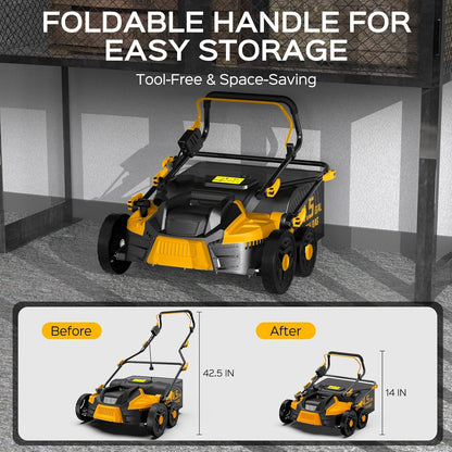 16-Inch 15.5 Amp 2-in-1 Electric Dethatcher and Scarifier, Lawn Dethatcher Rake with 14.5-Gallon Removable Thatch Bag, 5-Position Adiustment, Quick-Fold, Keeps Lawn Healthy - Yellow