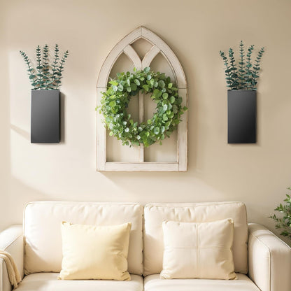 2 Pack Metal Wall Planter Vases Decor with Artificial Eucalyptus, Modern Farmhouse Rustic Hanging Pocket Planters for Indoor Greenery and Flowers, Living Room Bedroom Kitchen Decoration, Black