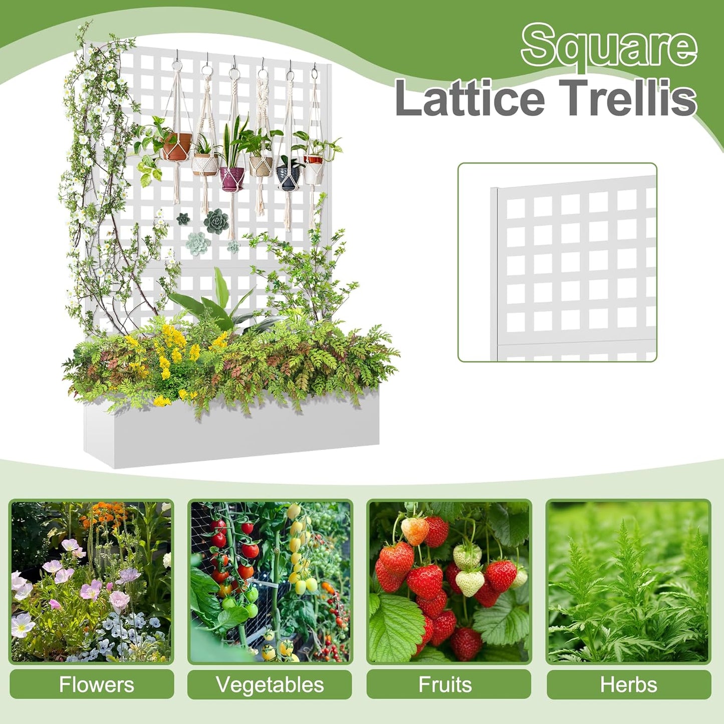 Metal Raised Garden Bed, Trellis Planters Bed with Drainage Holes for Climbing Plants, Vegetables Outdoor Privacy Screen with Planter Box 73"x47"x16", White