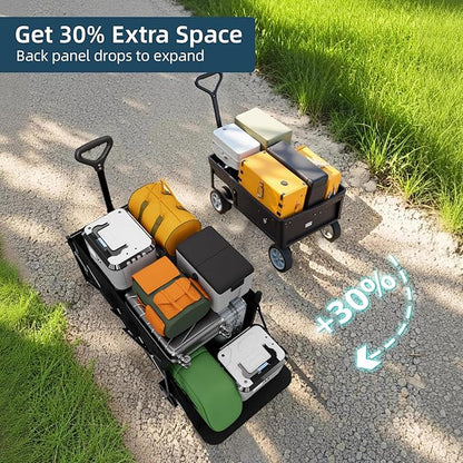 Favoyard Collapsible Wagon 100L & 330LBS, Heavy Duty Wagon Carts Foldable, Portable Folding Wagons with All - Terrain Wheels& Drink Holders, for Grocery Camping Beach Shopping Garden, Black