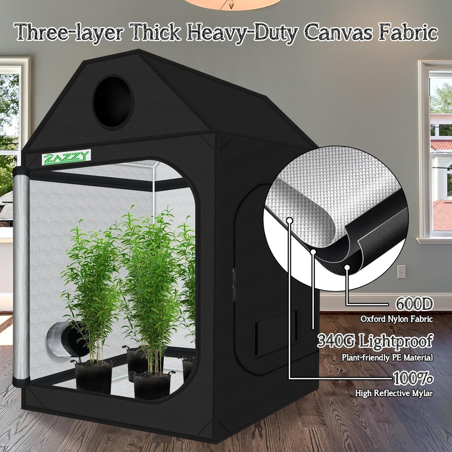 zazzy Grow Tent 48"x48"x72" Roof Cube Plant Grow Tents with Observation Window and Removable Floor Tray for Indoor Plant Growing Seedling 4x4