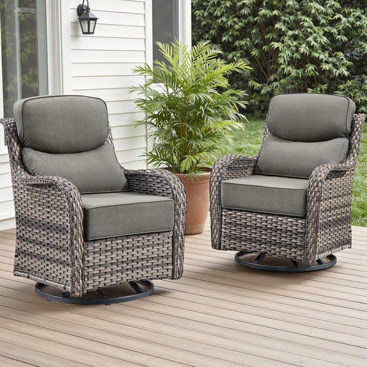 Outdoor Patio Swivel Rocker Chairs Set of 2, Waterproof Wicker, High Back, Deep Seating, Wide Armrest, Upgraded 6 inch Thick Cushions, Ideal for Deck Porch Backyard, Mixed Grey-Grey