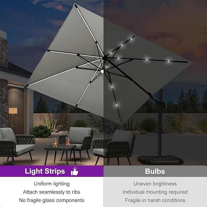 PURPLE LEAF 10 Feet Patio Umbrella Outdoor Cantilever Solar Powered LED Swivel Square Umbrella Aluminum Offset Umbrella with 360-degree Rotation for Garden Deck Pool Patio White