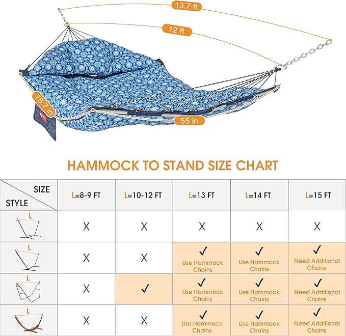 Lazy Daze Hammocks Deluxe 12 FT Tufted Hammock with Soft Detachable Pillow & Side Pocket, Outside Double Curved Aluminium Spreader Hammock, 450 Lbs Capacity for Patio, Blue Floral