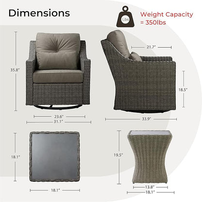 CHITA 3 Pieces Wicker Patio Bistro Set, Outdoor Furniture Set with 2 Pieces Rattan Rocking Swivel Chairs, Thickened Cushions and Side Table
