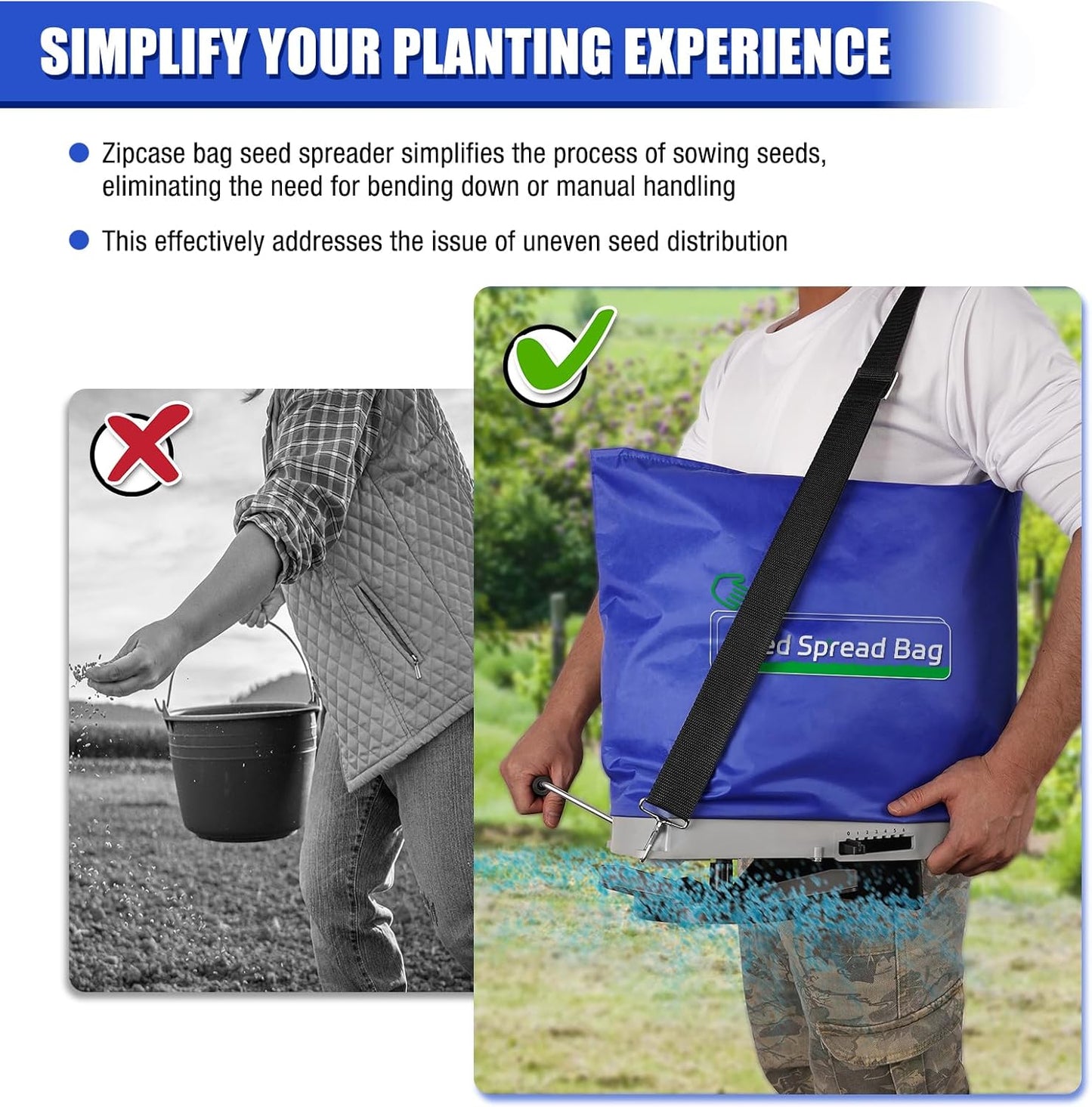 Zipcase 25lb Bag Seed Spreader with Waterproof Bag, Rare Baffle and Accurate Gears, Handheld Grass Seed Spreaders for Lawns, Blue