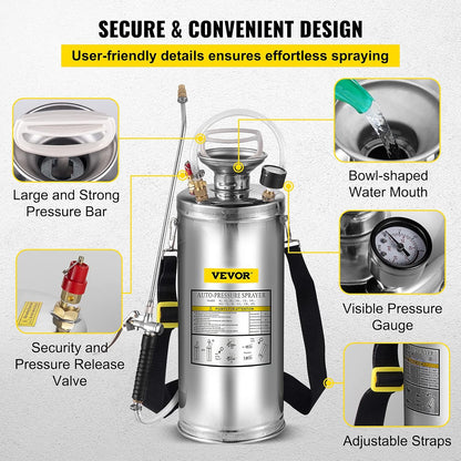Happybuy 2 Gallon Stainless Steel Sprayer, 20" Wand & 3FT Reinforced Hose, Hand Pump Sprayer with Pressure Gauge, Safety Valve & Adjustable Nozzle, Weed Sprayers for Lawn, Gardening &Sanitizing1