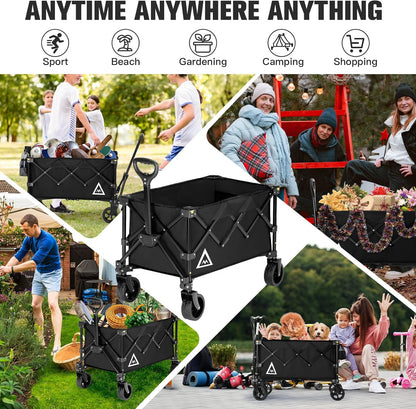 Wagon Cart Shopping Foldable Folding Collapsible with Wheels Big On Beach Garden Outdoor Grocery Heavy Duty Utility All Terrain Portable Wagons Carts for Groceries Sand Camping Sports Black