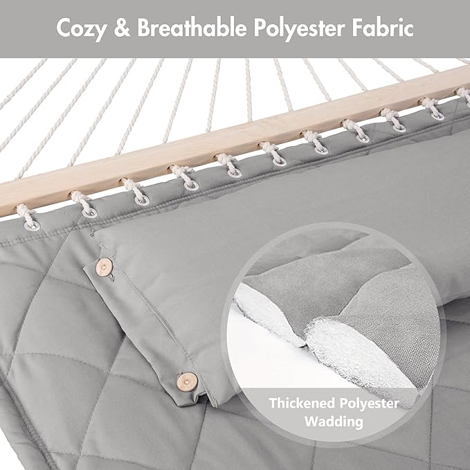 ANOW Heavy Duty Hammock with Spreader Bars and Detachable Pillow, 2 Person Hammock for Outdoors Indoors, 450 LBS Weight Capacity, Light Gray