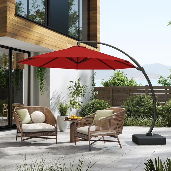 12FT Cantilever Umbrella with Base Large Curvy Outdoor Aluminum Offset Umbrella w/ 360° Rotation, UV Resistant Canopy for Patio, Garden, Backyard, Red