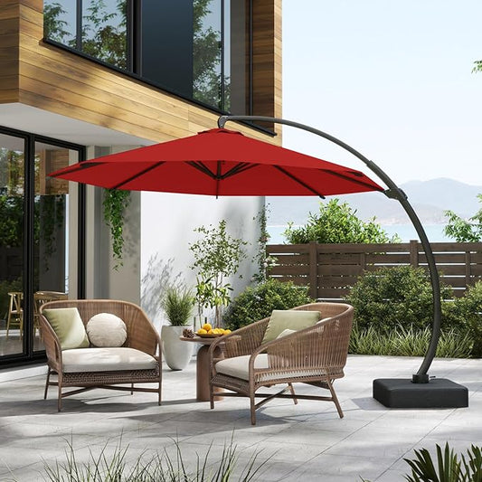 12FT Cantilever Umbrella with Base Large Curvy Outdoor Aluminum Offset Umbrella w/ 360° Rotation, UV Resistant Canopy for Patio, Garden, Backyard, Red