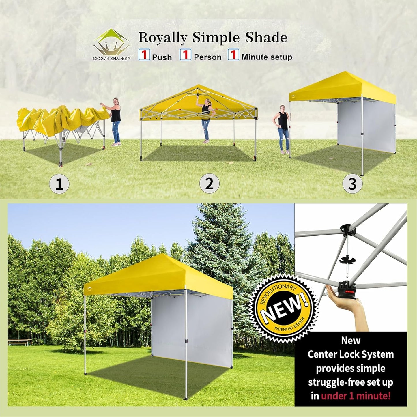 CROWN SHADES 8x8 Pop Up Canopy with 1 Side Wall - Beach Tent with One Push Setup - Outdoor Sun Shade for Events, Parties, Camping - Gazebo with STO-N-Go Cover Bag (Yellow)