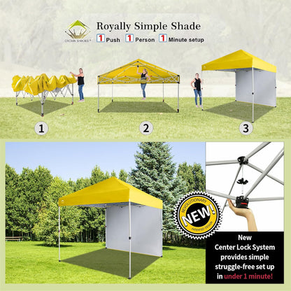 CROWN SHADES 8x8 Pop Up Canopy with 1 Side Wall - Beach Tent with One Push Setup - Outdoor Sun Shade for Events, Parties, Camping - Gazebo with STO-N-Go Cover Bag (Yellow)