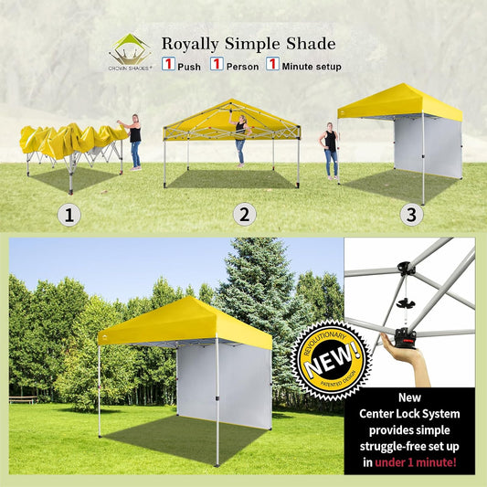 CROWN SHADES 8x8 Pop Up Canopy with 1 Side Wall - Beach Tent with One Push Setup - Outdoor Sun Shade for Events, Parties, Camping - Gazebo with STO-N-Go Cover Bag (Yellow)