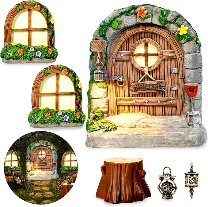 7 Pcs Fairy Doors for Trees Resin Fairy Garden Accessories Outdoor kit Fairy House Kit for DIY Micro Landscape Ornament
