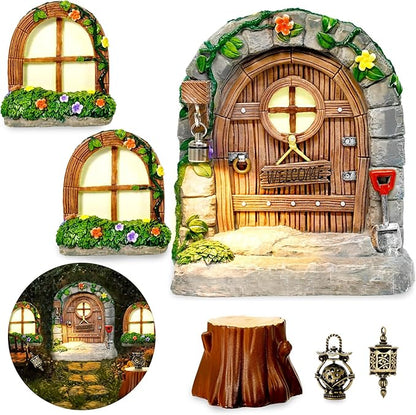 7 Pcs Fairy Doors for Trees Resin Fairy Garden Accessories Outdoor kit Fairy House Kit for DIY Micro Landscape Ornament