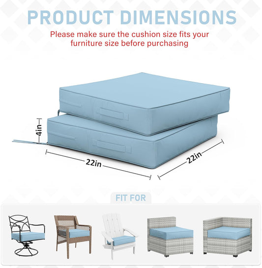 Patio Chair Cushions 22 X 22 X 4 Inch Waterproof Outdoor Seat Cushions for Patio Furniture, Outdoor Sofa Couch Pads with Ties & Handle, Set of 2, Light Blue