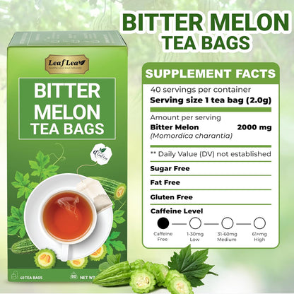 LeafLea 80 Bitter Melon Tea Bags, Premium Dried Momordica Charantia (Melon Amargo, Gohyah) Herbal Fruit Tea | Supports Wellness and Digestion | Caffeine-Free, Sugar-Free, Vegan, Pack of 2