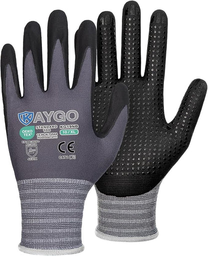 KAYGO MicroFoam Nitrile Coated Work Gloves, 3 Pairs KG19N Seamless Knit Nylon, Micro Dots for Enhanced Grip, Breathable and Durable, Ideal for Automotive, General Assembly, Painting, Gray, XL