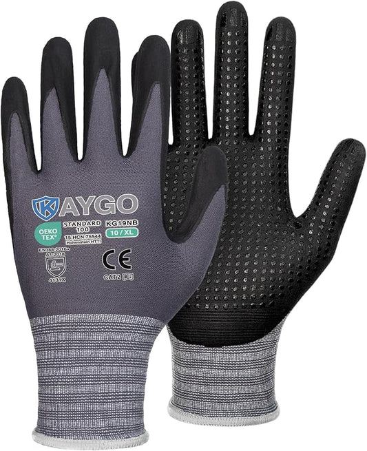 KAYGO MicroFoam Nitrile Coated Work Gloves, 3 Pairs KG19N Seamless Knit Nylon, Micro Dots for Enhanced Grip, Breathable and Durable, Ideal for Automotive, General Assembly, Painting, Gray, XL