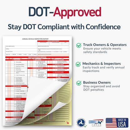 25 Pack Buck 3-Ply Carbonless Annual Vehicle Inspection Report Forms with Red Aluminum FMCSA Adhesive Labels with Punch Boxes, FMCSA & DOT Compliant, Shrinkwrapped Bundle, 8.5" x 11.8" - Made in USA