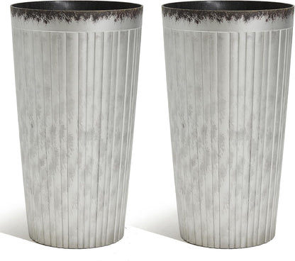 Worth Garden 22.5" H. Plastic Planters - Set of 2 Silver Color Tall Conical Plant Pots for Indoor Outdoor Use - Decorative Lightweight Flower Pots for Front Porch, Patio, Deck - 12.5" Dia x 22.5" H