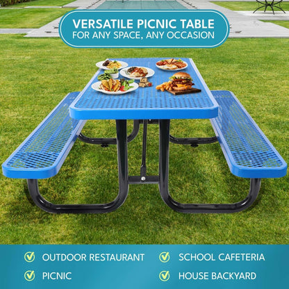 6 ft. Rectangular Outdoor Steel Picnic Table with Umbrella Pole, Heavy-Duty Weather-Resistant Dining Table for Patio, Backyard, and Garden, Rust-Resistant Finish, Blue