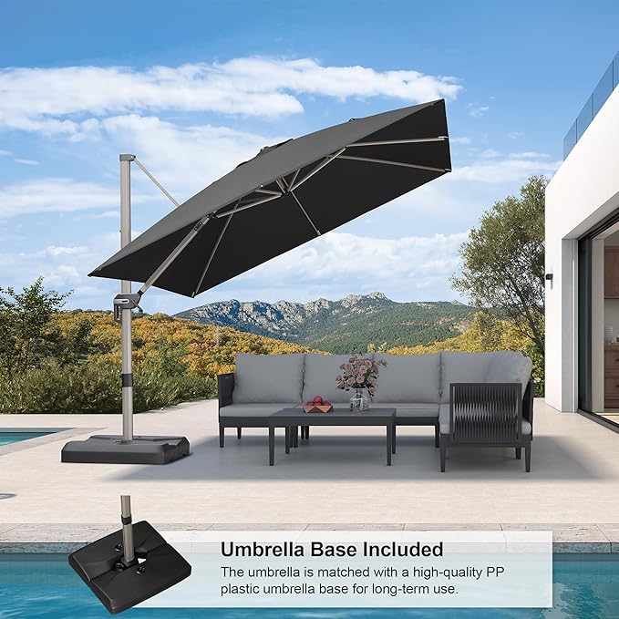 PURPLE LEAF 10FT Patio Umbrella with Base Cantilever Umbrella Square Outdoor Offset Umbrella with Champagne Frame and 360° Rotation for Garden Deck Pool, Black