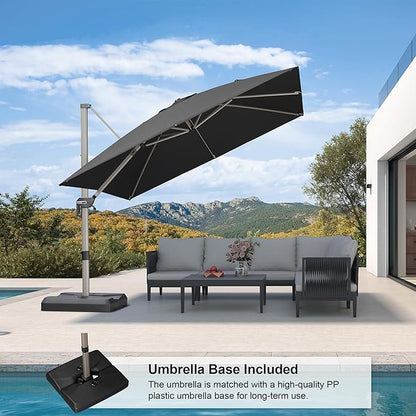 PURPLE LEAF 10FT Patio Umbrella with Base Cantilever Umbrella Square Outdoor Offset Umbrella with Champagne Frame and 360° Rotation for Garden Deck Pool, Black