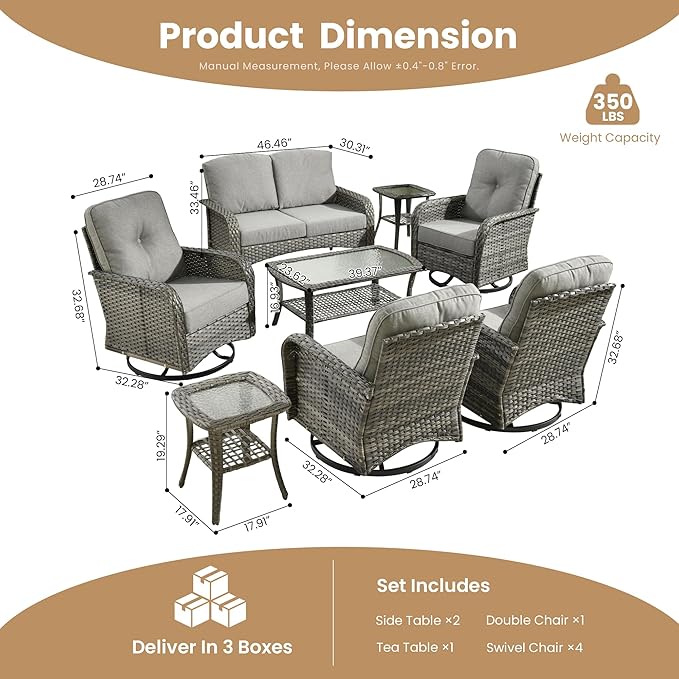 8-Piece Wicker Patio Furniture Set, All-Weather Rattan Conversation Bistro Loveseat Chair and Patio Rockers Set for Backyard, Balcony and Deck with Soft Cushions and Metal Table(Dark Gray)