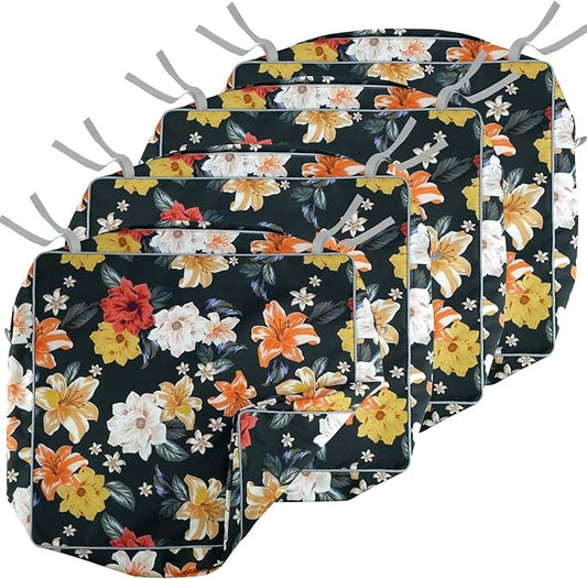 Porch Shield Outdoor Patio Chair Seat Cushion Covers Set 4 Waterproof Fade Resistant Cushion Slipcovers 24 x 24 x 4 inch, Floral Black