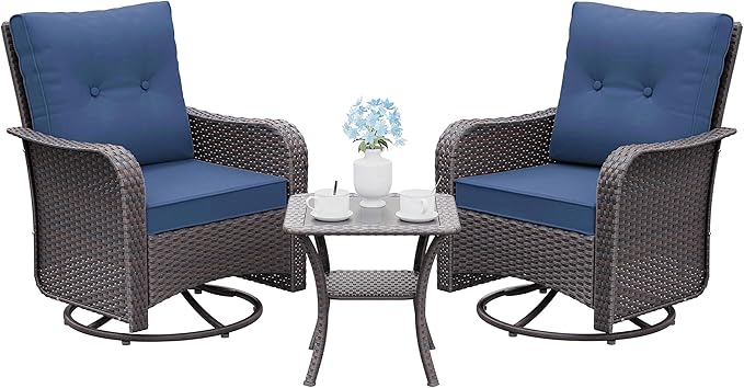 Gotland Outdoor Swivel Chairs Set of 2, 3 Pieces Patio Furniture Set with Thick Cushion, Wicker Rocking Patio Chairs Set of 2, Patio Bistro Set with Double-Layer Coffee Table for Balcony Porch Navy