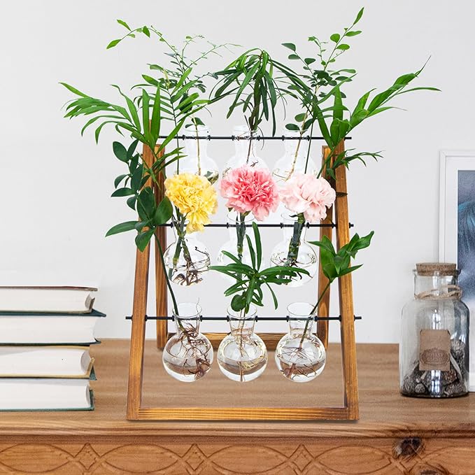 Plant Propagation Station Traveler's Glass Tabletop Planter with Vintage Wooden Stand 3 Bulb Vase for Hydroponic Plants Indoor Office Desktop Home Decor, Plant Stand (9 Bulbs)