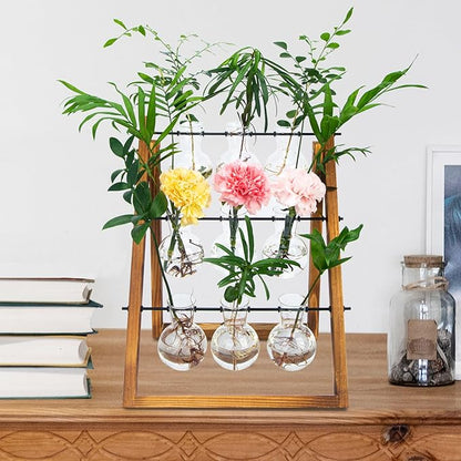 Plant Propagation Station Traveler's Glass Tabletop Planter with Vintage Wooden Stand 3 Bulb Vase for Hydroponic Plants Indoor Office Desktop Home Decor, Plant Stand (9 Bulbs)