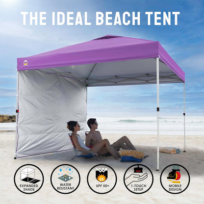 CROWN SHADES 10x10 Pop Up Canopy with 1 Side Wall - Beach Tent with One Push Setup - Outdoor Sun Shade for Events, Parties, Camping - Gazebo with STO-N-Go Cover Bag (Purple)