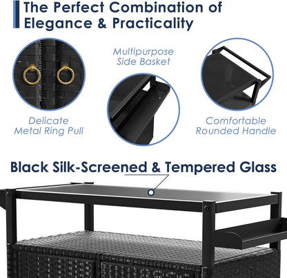 Xilingol Outdoor Bar Table, Wicker Bar Cart with Cabinet, Patio Serving Cart with Tempered Glass Top, Lockable Wheels, Rounded Handle & Side Basket for Garden, Poolside & Backyard, Black