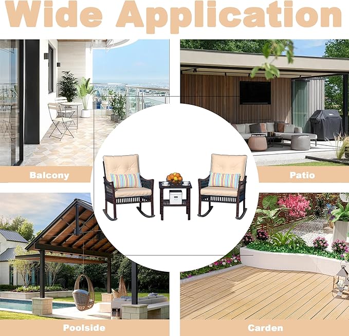 DECMICO 3 Pieces Patio Furniture Set, Wicker Rocking Chairs Bistro Set with Coffee Table, Outdoor Conversation Set for Garden and Balcony (Brown Rattan Beige Cushion)