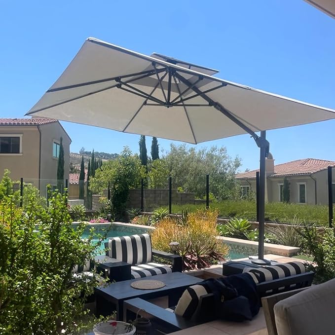 PURPLE LEAF 10 FT Cantilever Patio Umbrella Outdoor Umbrella with 220lbs Base Large Square Windproof Offset Umbrella for Pool Deck Garden, Pebble Grey