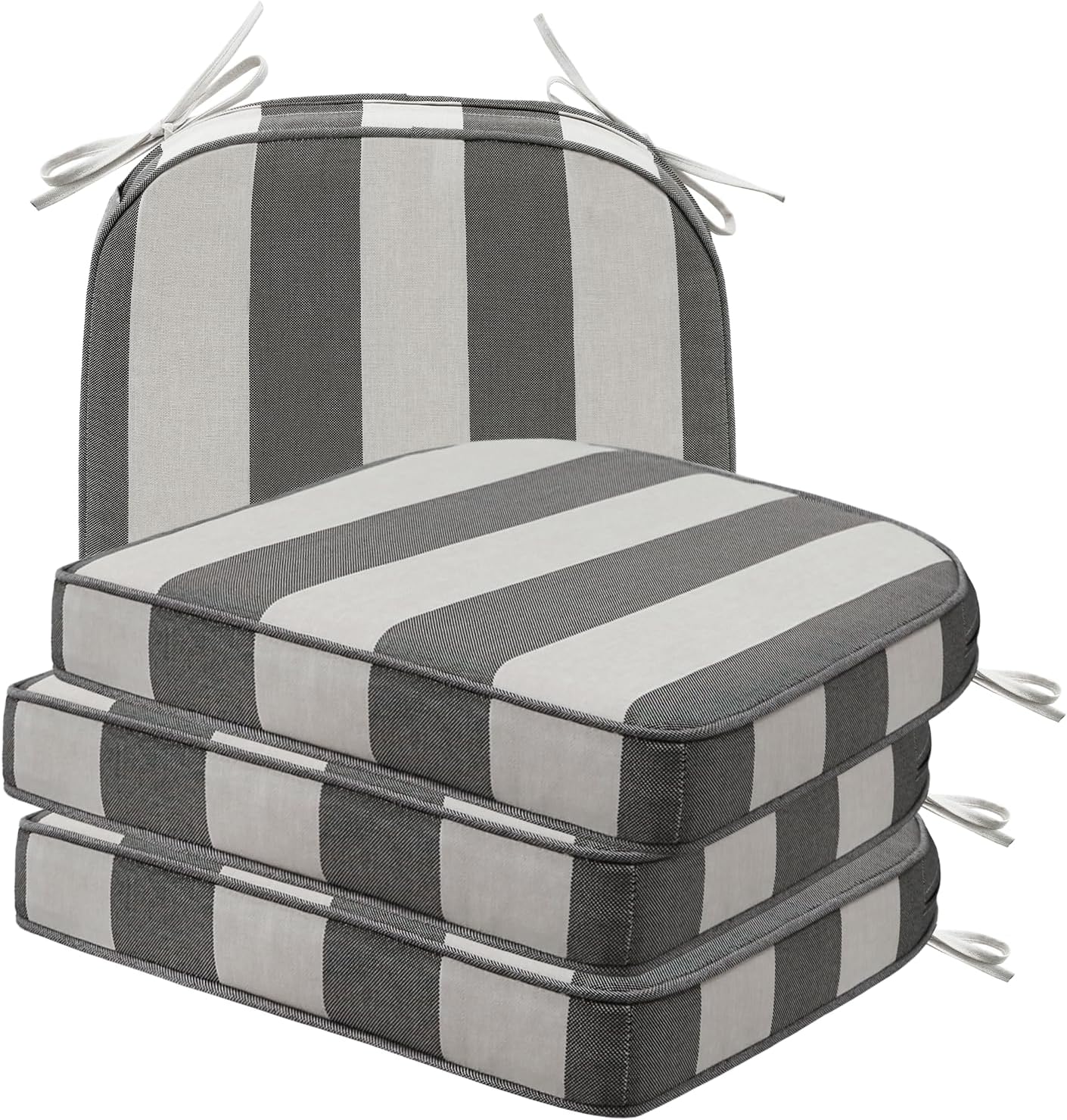 Round Corner Seat Cushions, 17" x 16" x 2", Set of 4, Indoor Outdoor Water Repellent Universal Chair Pads with Ties for Patio Furniture, Garden Deck Dining Chairs, Gray Stripe