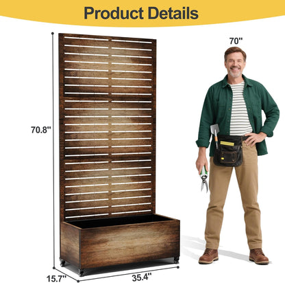 Raised Garden Bed with Trellis and Wheels,73"x35"x16" Metal Raised Garden Bed,Vintage Wood Finish Metal Planter with Climbing Trellis for Vines & Vegetables