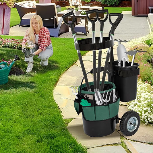 biosp Garden Carts, Heavy Duty Rolling Lawn Yard Mobile Gardening Trolley, Wheeled Outdoor Metal Utility Beach Wagon with 5 Gallon Bucket Oxford Bag Tool Organizer Storage