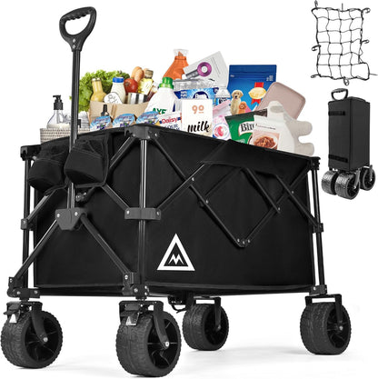 Wagon Cart Shopping Foldable Folding Collapsible with Wheels Big On Beach Garden Outdoor Grocery Heavy Duty Utility All Terrain Portable Wagons Carts for Groceries Sand Camping Sports Black