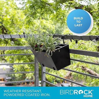 BIRDROCK HOME 2pk Metal Railing Planter Box | Flower Boxes for Deck Railings | Adjustable Rail Hanging Bracket | Black Balcony Boxes | House Apartment Plant Pot