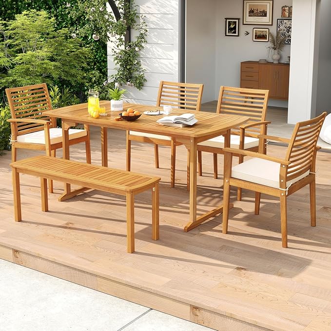 Tangkula 6 Pieces Outdoor Acacia Wood Dining Set, Rectangle Patio Dining Table with Umbrella Hole and 4 Cushioned Chairs and Bench, for Backyard Garden Poolside Deck