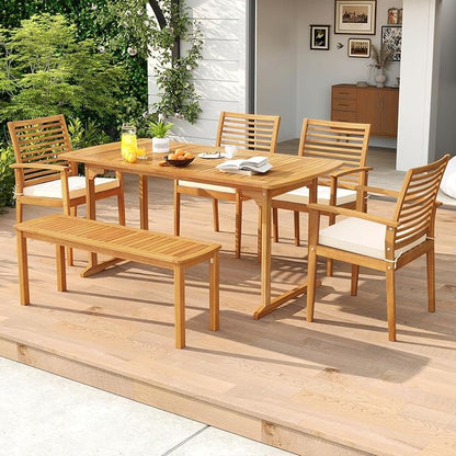 Tangkula 6 Pieces Outdoor Acacia Wood Dining Set, Rectangle Patio Dining Table with Umbrella Hole and 4 Cushioned Chairs and Bench, for Backyard Garden Poolside Deck