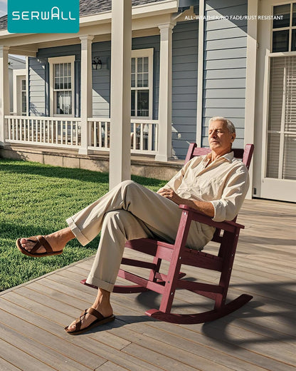 SERWALL HDPE Outdoor Rocking Chair Set of 6, Patio Rocking Chairs for Adults, All Weather Outdoor Rockers for Lawn, Crimson Red