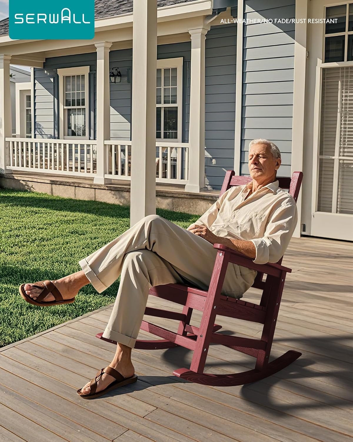 SEWALL HDPE Rocking Chair, Oversized Outdoor Rocking Chair for Adults, Patio Rocker for Porch, Crimson Red