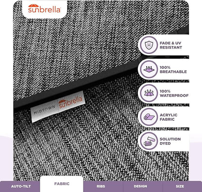 Midtown Umbrellas Sunbrella Umbrella 8 Feet Outdoor Umbrella With Sunbrella Cast Slate Acrylic Fabric - Auto-Tilt Aluminum Frame Patio Umbrella For Backyard, Deck, Garden, Pool - Black Pole